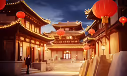 a man walking on a stone wall with red lanterns hanging above