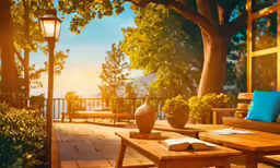 a patio with seating and potted plants on it