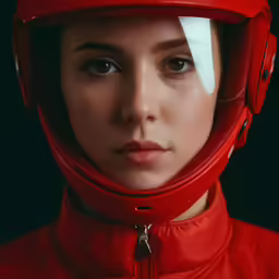 there is a woman wearing a red helmet and posing for the camera