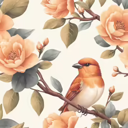 a colorful bird is perched on the branch of an orange and gray flowered tree