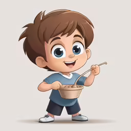 a boy with an apron holding a spoon