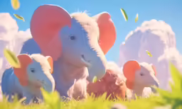four elephants standing next to each other on a field