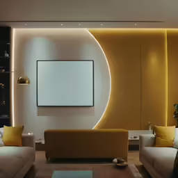 large modern living room decorated in yellow, white and black