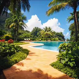 there is an empty swimming pool in this tropical setting