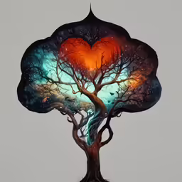 a tree with a heart in the middle and the sky reflecting through it
