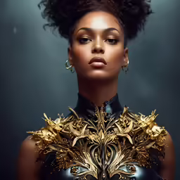 a woman wearing black and gold jewelry poses for a portrait