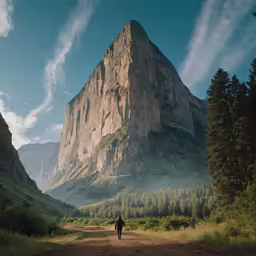 a man walking across a dirt road between two mountains