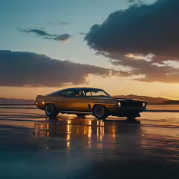 an old muscle car parked on the beach near the water