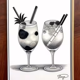 a greeting card with two drinks on a wooden table,a white card featuring two different beverages