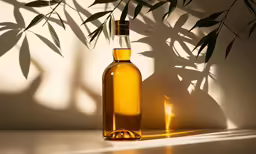 a glass bottle that is next to some plants