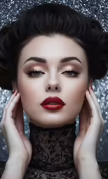 the woman with red lips and manicured nails is posing for the camera