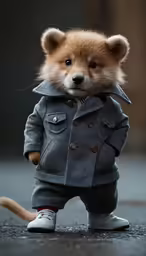 a teddy bear wearing a coat is standing on the ground