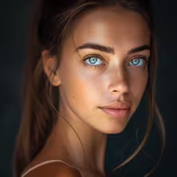 a model with light blue eyes and a low bun,the light colored eyes of a woman are strikingly blue