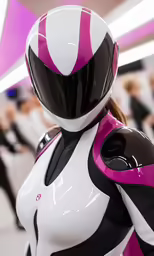 woman dressed in white and black with pink accents