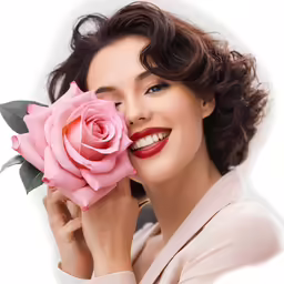 a woman holding a flower and smiling