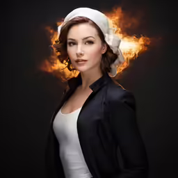 an attractive woman standing in front of fire