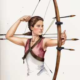 this is an art drawing of a girl with a bow and arrow,a painting of a young girl using an arrow