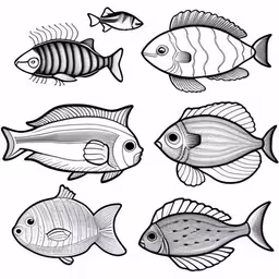 a set of sea fish in hand drawn style