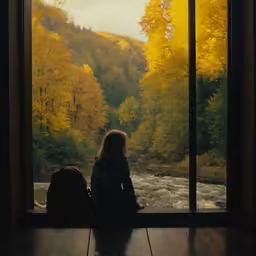 a woman sitting by a window looking out over a river