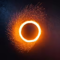 an orange circle surrounded by small firework