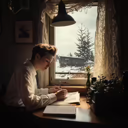 the woman is sitting at her desk writing