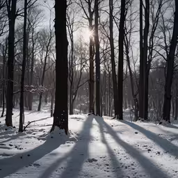 the sun is peeking through trees in the snow