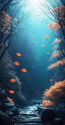 the beautiful scenery shows a river running through a forest