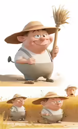 three images of a man in a hat holding a grass wand