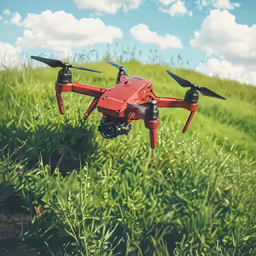 a red aerial quad rotor taking flight over a field