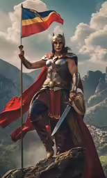 a digital portrait of a roman soldier and flag