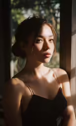 a girl in a black dress staring out the window