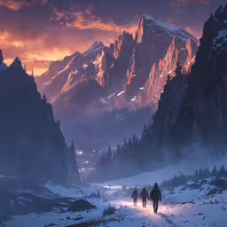 some people walking up the hill toward some mountains
