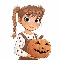 a little girl is holding a pumpkin