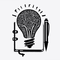 a graphic of a notebook with a lightbulb on top,an art piece with the words i think it is written in black on white paper