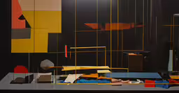 a painting with an abstract structure in the background,an abstract composition consisting of yellow, orange and black
