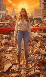 a woman in a shirt and jeans stands on rubble