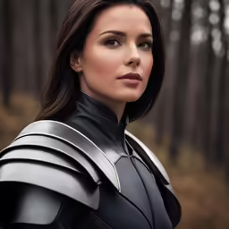 a woman in armor is posing for a photo