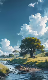 a river flows through a green landscape under cloudy skies
