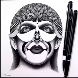 a drawing of an image of a person with face paint,a drawing of a woman with a strange face