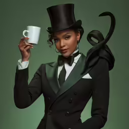 an image of woman in the fashions of mad hats holding a coffee cup