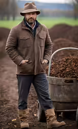 a man stands next to a wheelbarrow