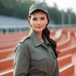 a beautiful woman in a military uniform standing by an empty bleachers