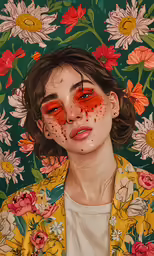 painting of girl with painted nose and orange eye makeup