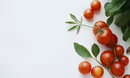 several tomatoes on the vine with some green leaves