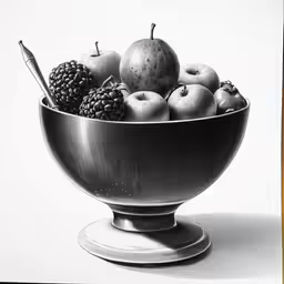 an apple, blackberries, and other fruit are in a bowl