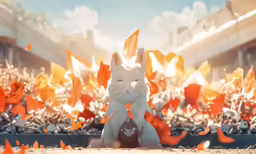 a little rabbit surrounded by flowers and falling petals