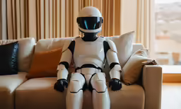 a white robotic sitting on top of a couch in a living room