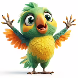 a cartoon green bird with big eyes stands and smiles