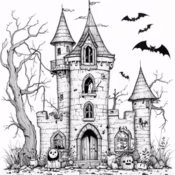 a halloween castle with bats flying out of it