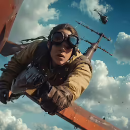 a female soldier in a yellow jacket holds a gun up while an aircraft is above her
